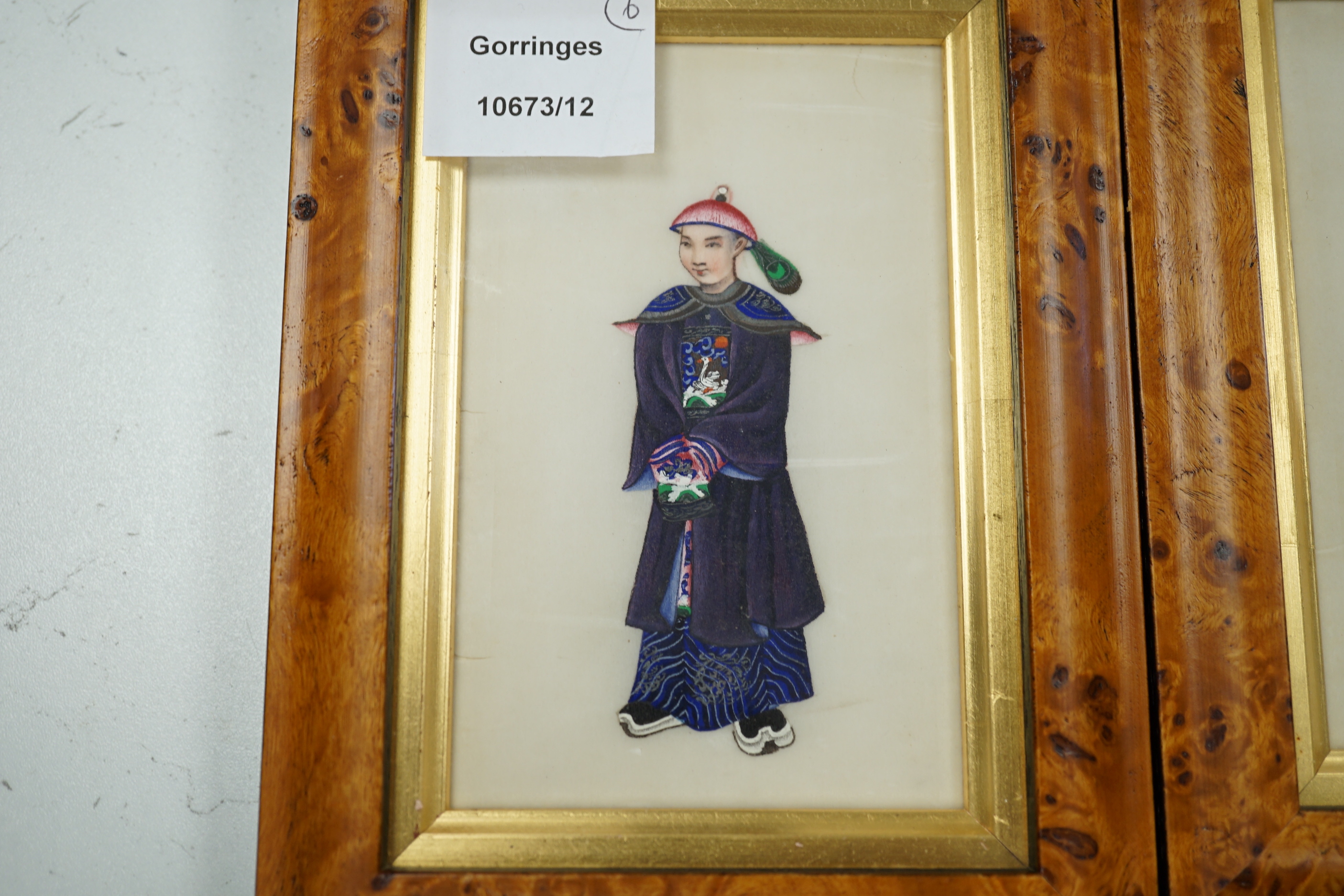 A set of six framed Chinese pith paper figure paintings, 9cm wide, 13cm high